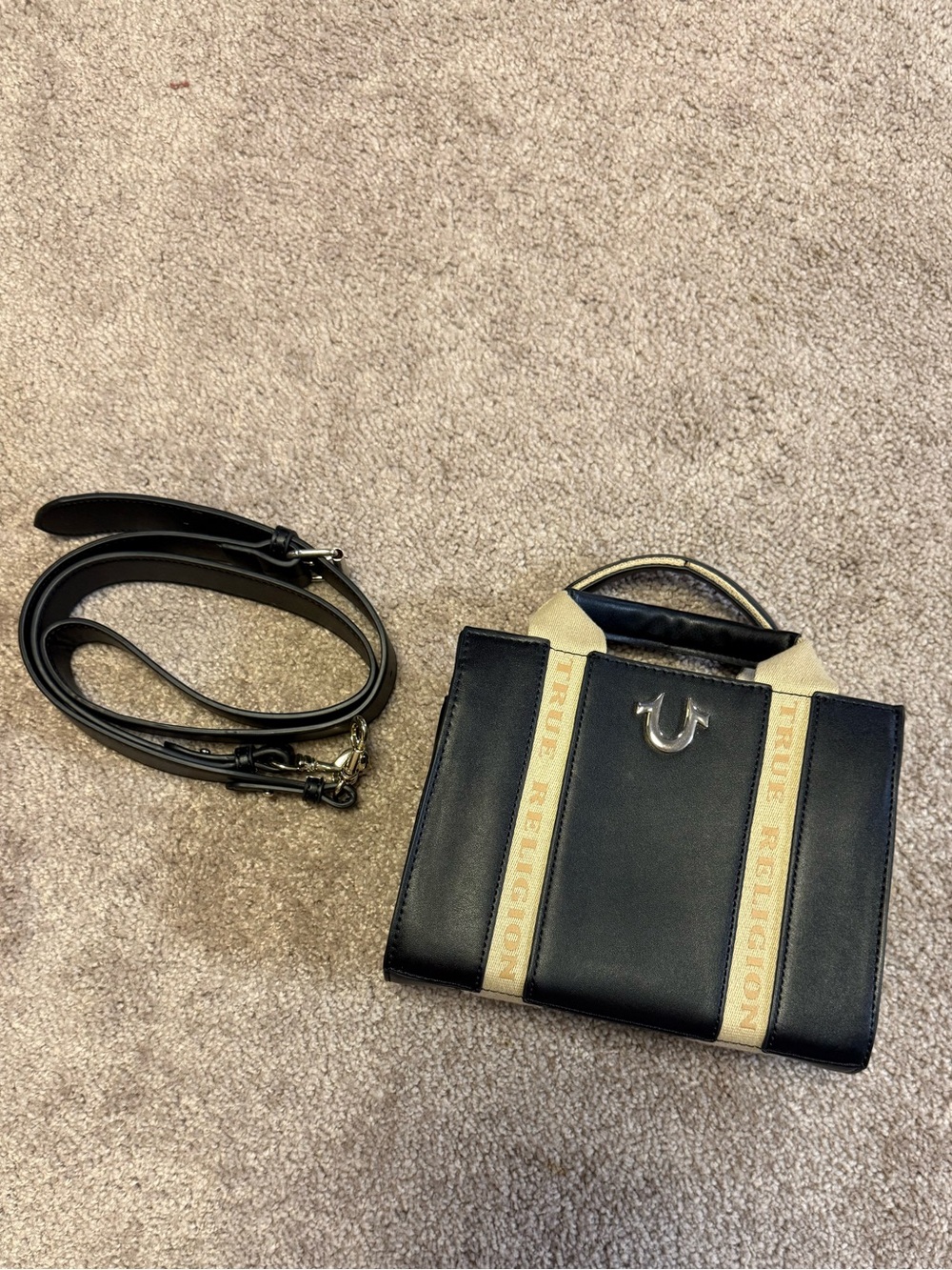 True Religion Black Mini Tote with Cream Stripe Accents